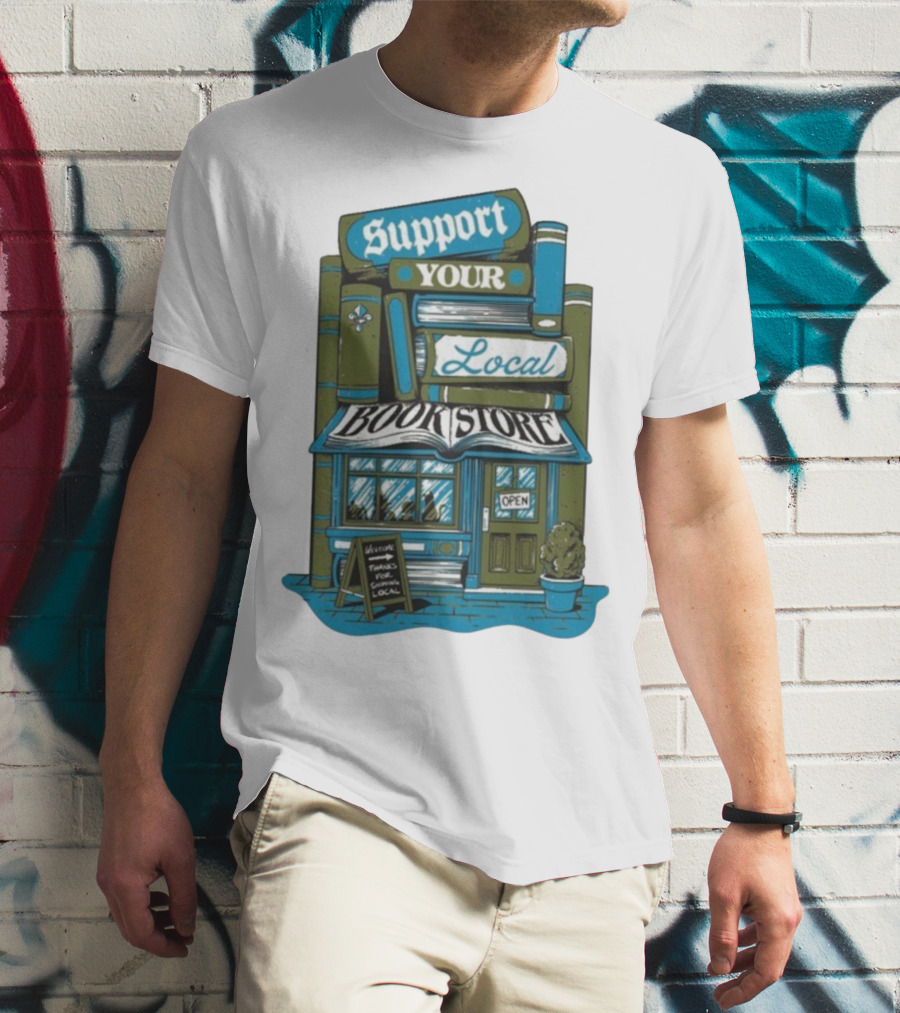 Support Your Local Bookstore Open Vintage Bookshelf Design T-Shirt