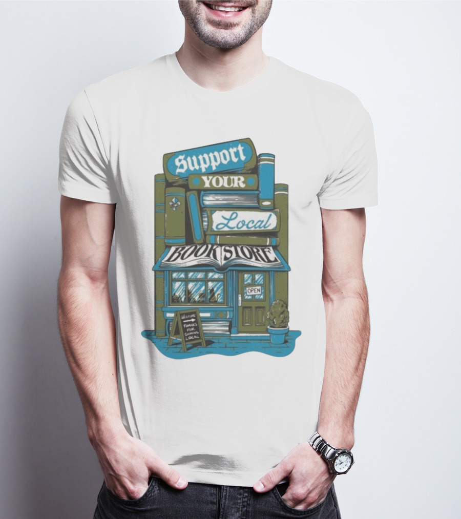 Support Your Local Bookstore Open Vintage Bookshelf Design T-Shirt