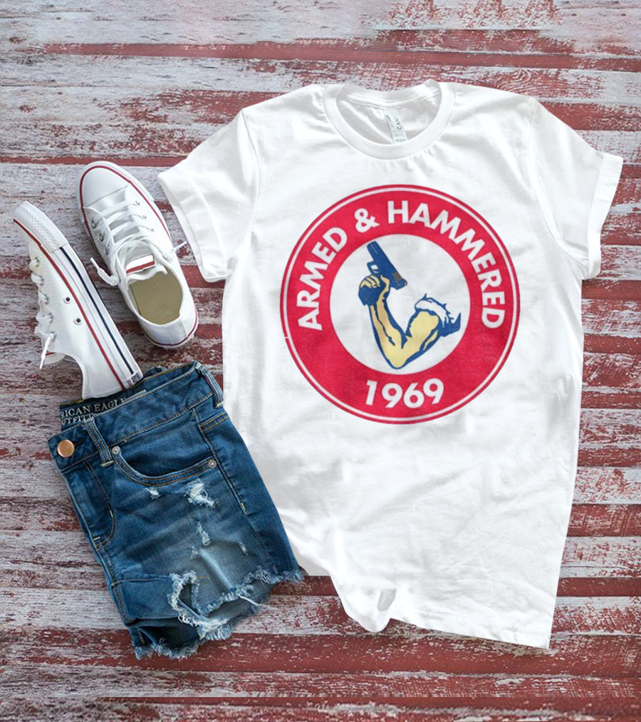 Armed And Hammered 1969 Circle Red And White Vintage Arm With Gun T-Shirt