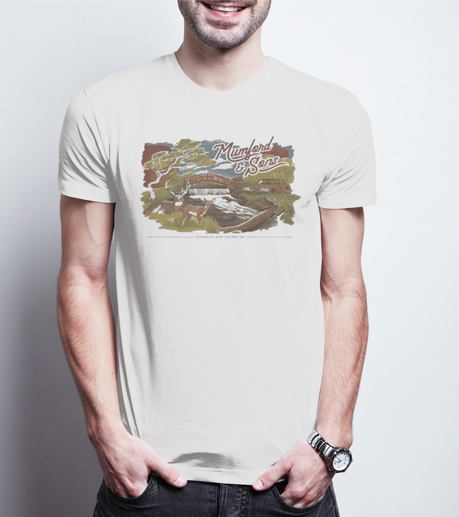 Mumford & Sons Little Caesars Arena Detroit MI October 20 2025 Deers Bridge And Stream Scene T-Shirt