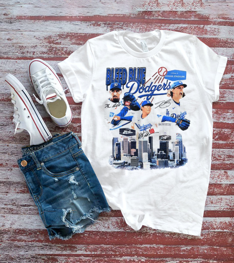 Bleed Blue Dodgers Shohei Ohtani Mookie Betts Yoshinobu Yamamoto Los Angeles Signatures Dodger Stadium T-Shirt