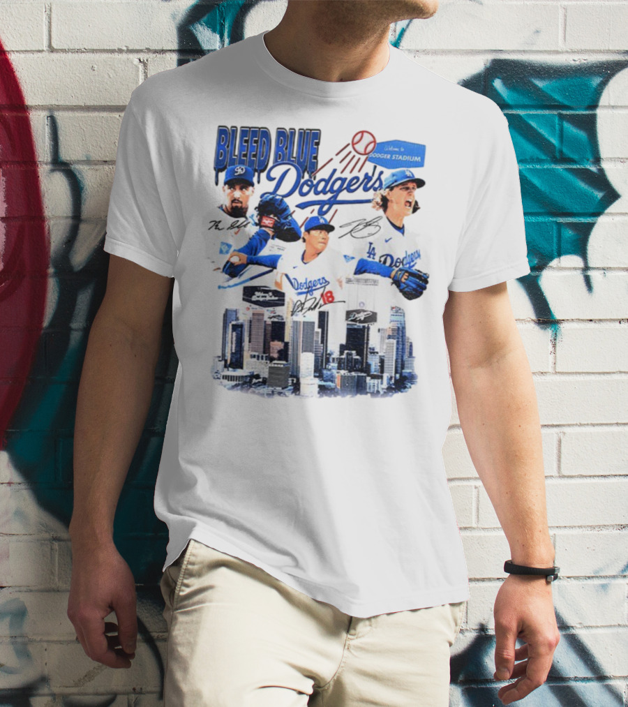 Bleed Blue Dodgers Shohei Ohtani Mookie Betts Yoshinobu Yamamoto Los Angeles Signatures Dodger Stadium T-Shirt