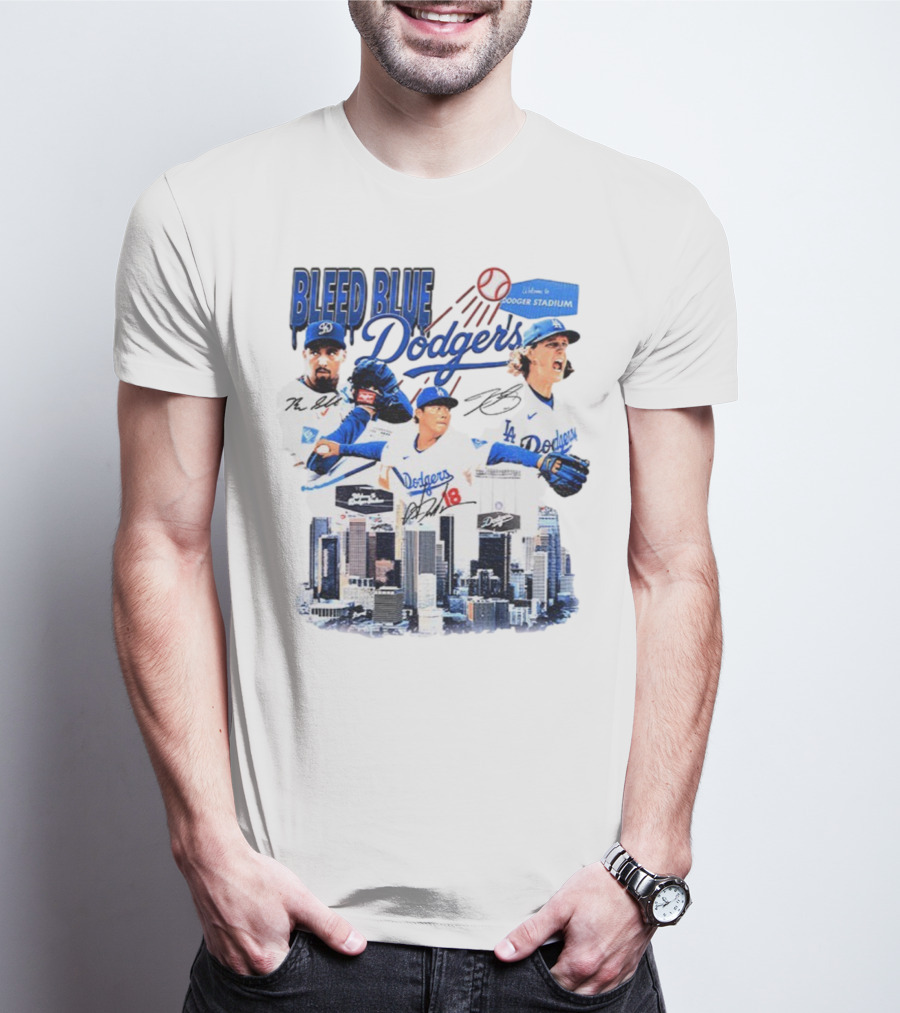 Bleed Blue Dodgers Shohei Ohtani Mookie Betts Yoshinobu Yamamoto Los Angeles Signatures Dodger Stadium T-Shirt