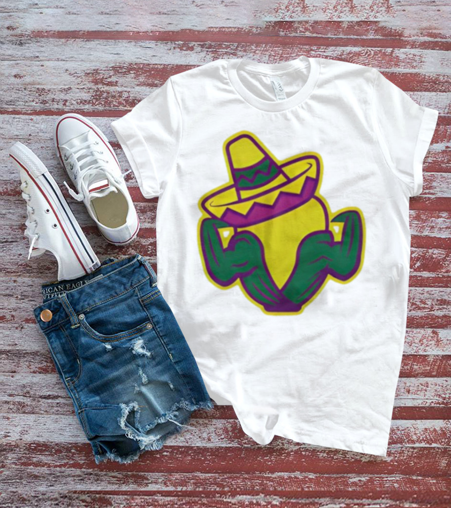 Cedar Rapids Kernels Corn Mascot In Sombrero Green And Yellow Design T-Shirt