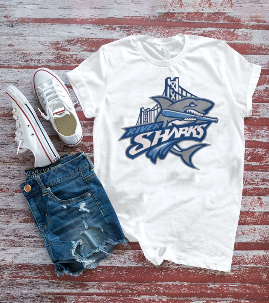 Camden Riversharks Baseball Team River Sharks Text With Shark And Bridge Imagery T-Shirt