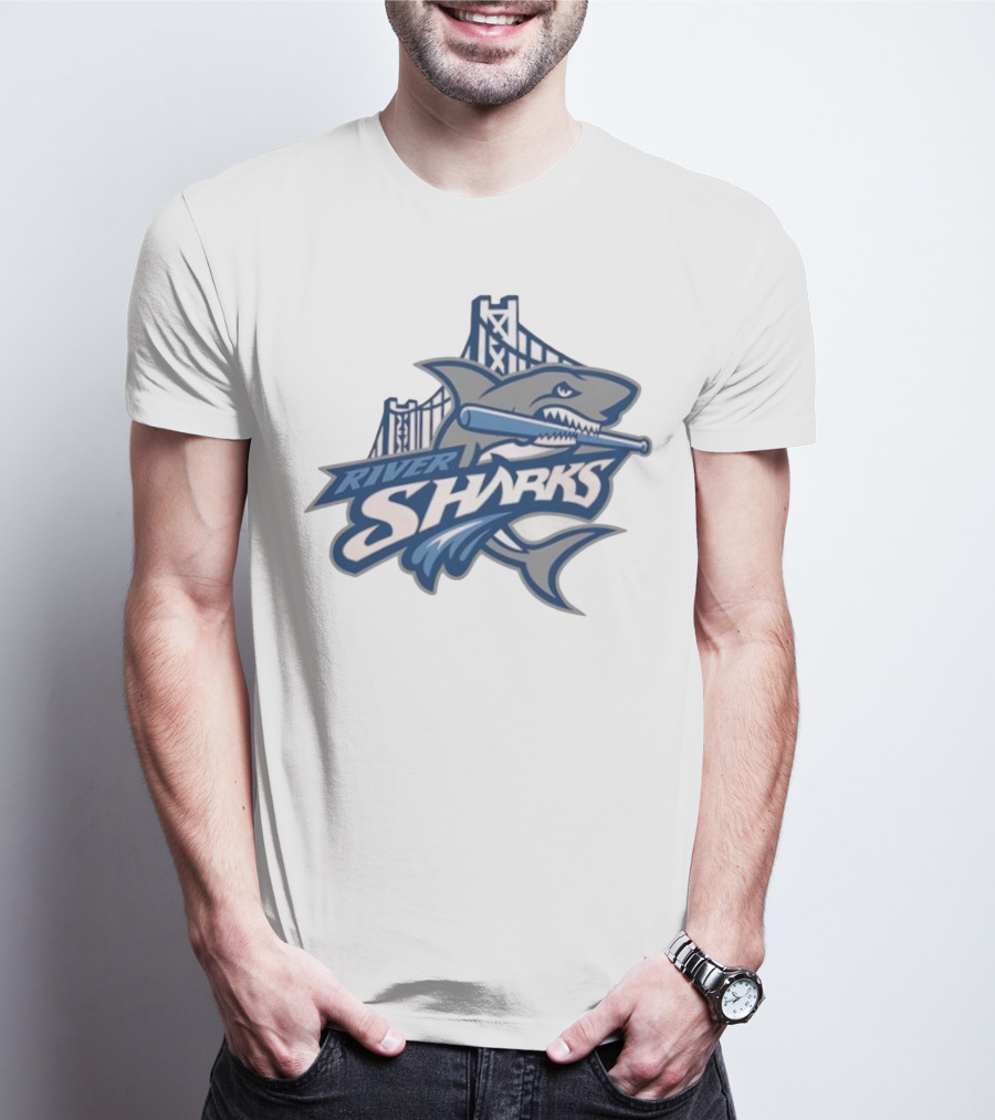 Camden Riversharks Baseball Team River Sharks Text With Shark And Bridge Imagery T-Shirt