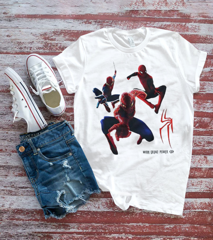 Spider Man Daily Bugle With Great Power Comes Great Responsibility Spider Logo Trio Suit Styles T-Shirt