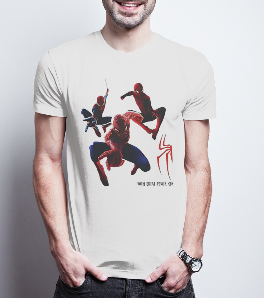 Spider Man Daily Bugle With Great Power Comes Great Responsibility Spider Logo Trio Suit Styles T-Shirt