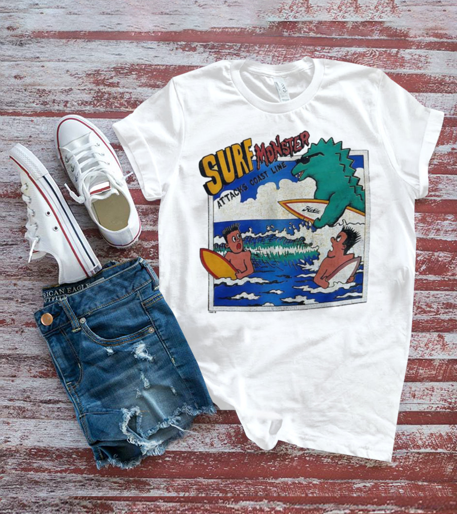 Surf Monster Attacks Coast Line Retro Comic Style Surfing Scene T-Shirt