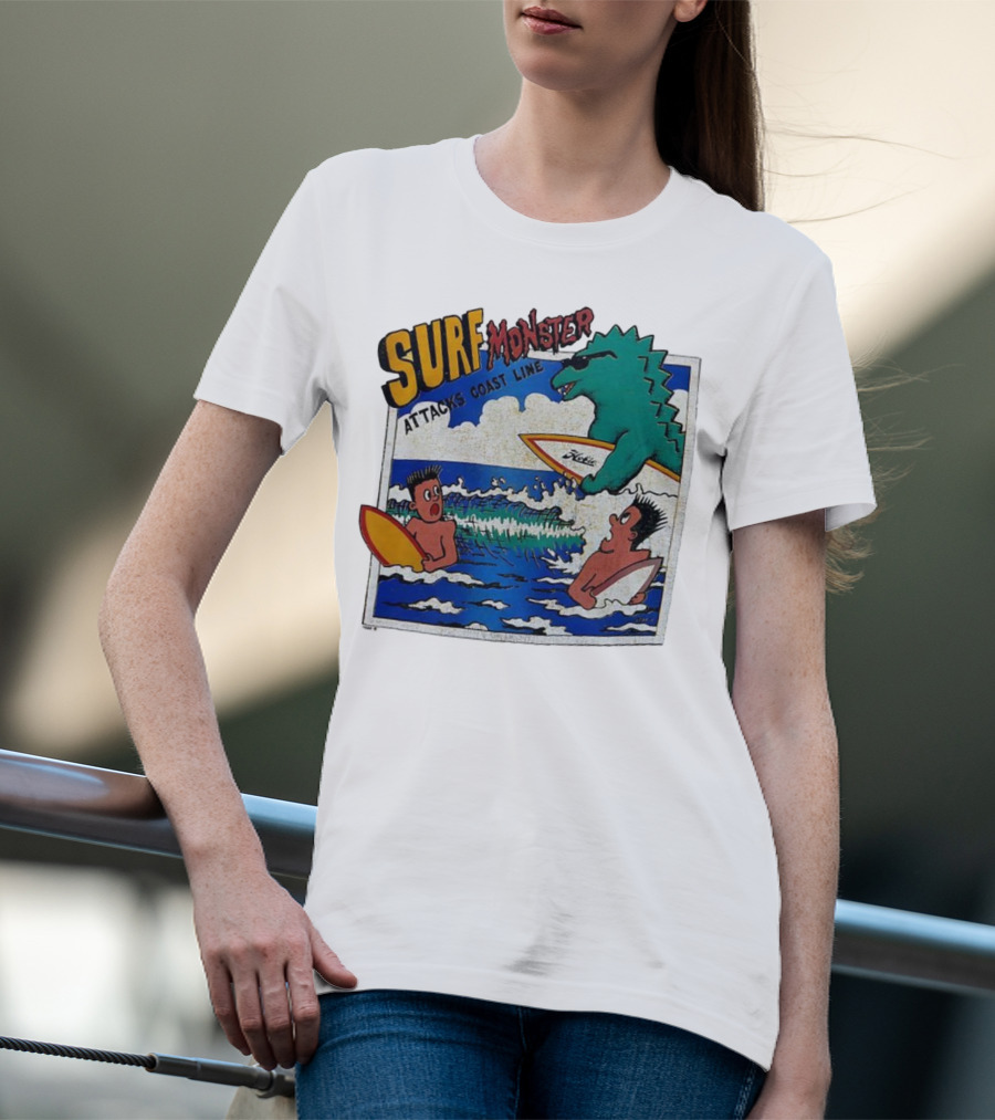 Surf Monster Attacks Coast Line Retro Comic Style Surfing Scene T-Shirt