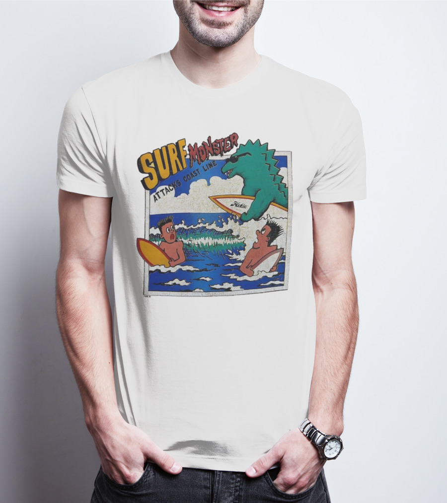Surf Monster Attacks Coast Line Retro Comic Style Surfing Scene T-Shirt