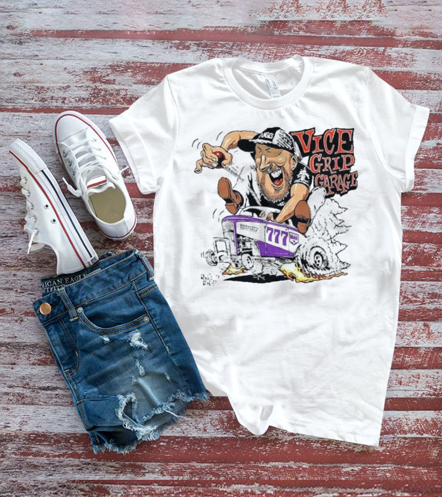 Vice Grip Garage 777 Cartoon Hot Rod Illustration With Bearded Driver And Smoking Tires T-Shirt