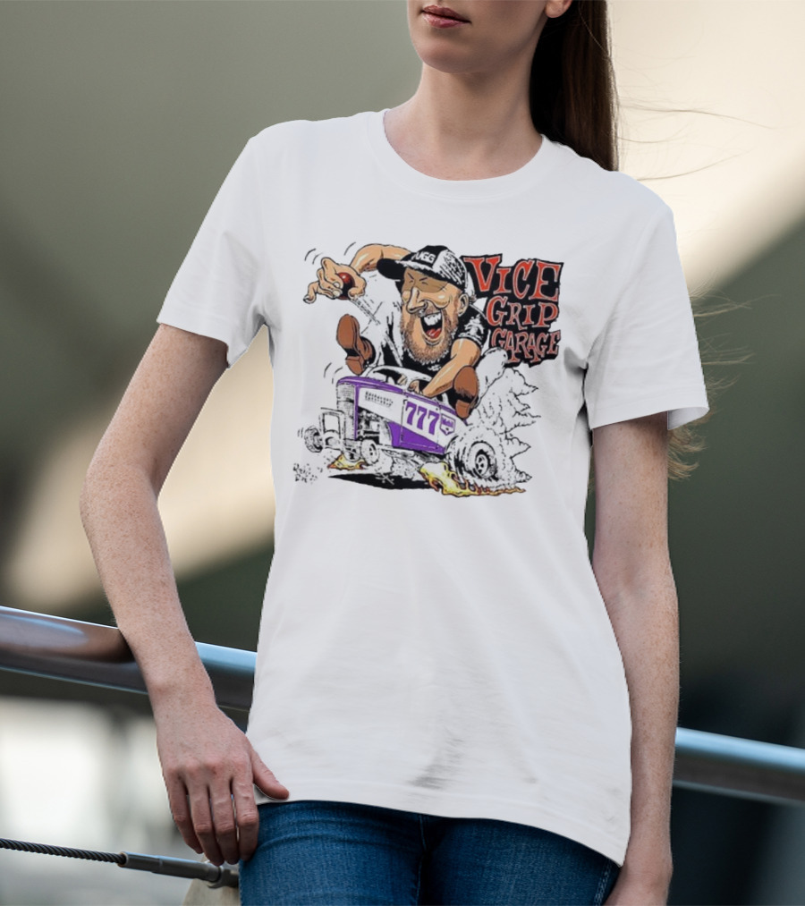 Vice Grip Garage 777 Cartoon Hot Rod Illustration With Bearded Driver And Smoking Tires T-Shirt