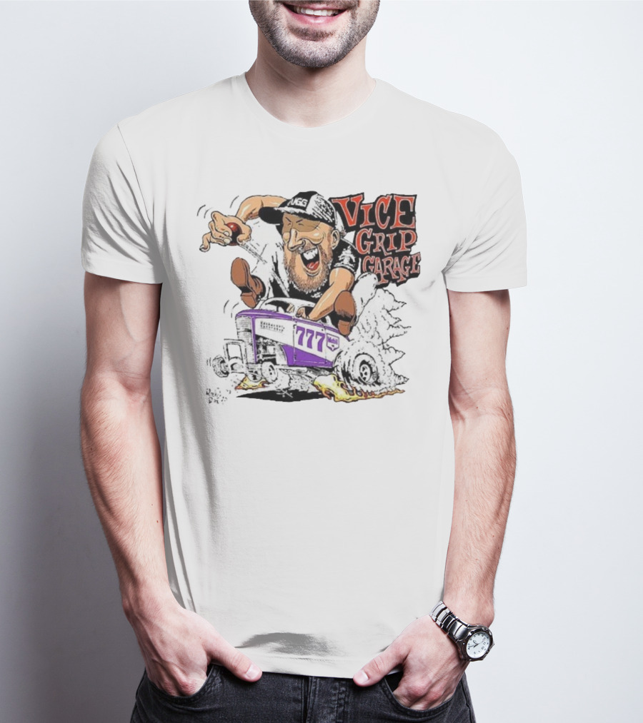 Vice Grip Garage 777 Cartoon Hot Rod Illustration With Bearded Driver And Smoking Tires T-Shirt