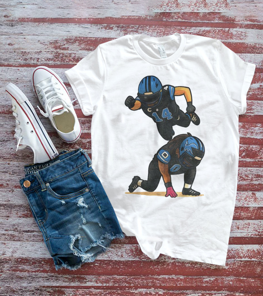 Amon Ra St. Brown Jahmyr Gibbs 14 00 Blue Black Football Celebration T-Shirt