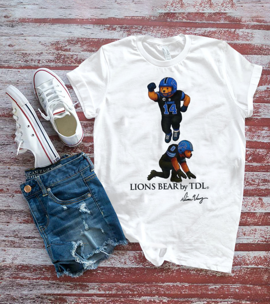 Amon-Ra St. Brown 14 Jahmyr Gibbs 0 Detroit Lions Bear Celebrating Football T-Shirt