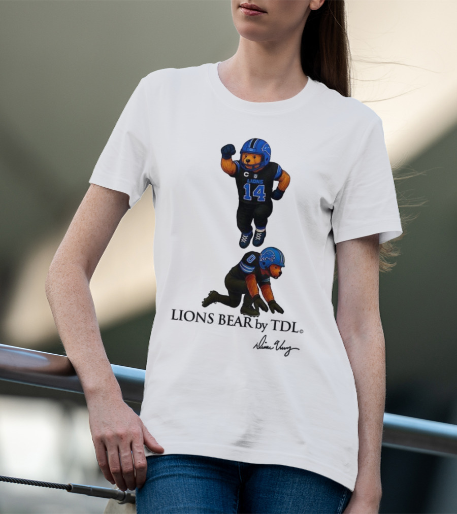 Amon-Ra St. Brown 14 Jahmyr Gibbs 0 Detroit Lions Bear Celebrating Football T-Shirt
