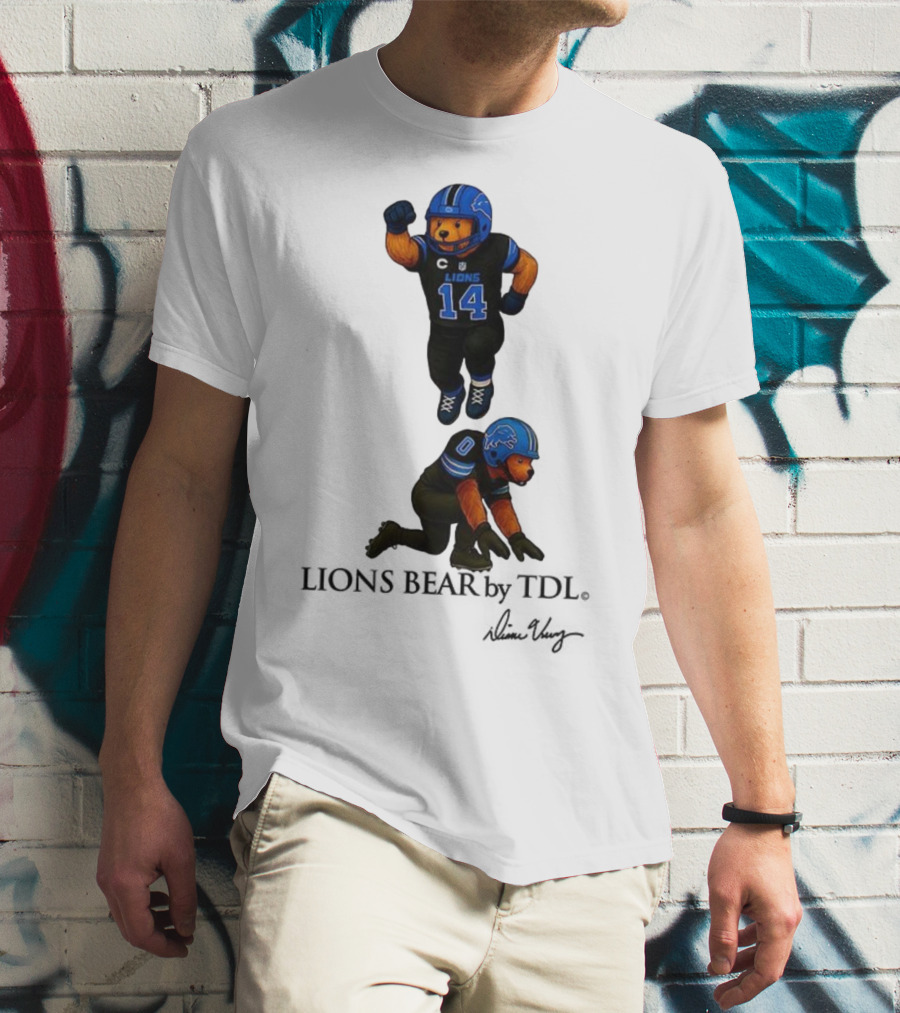 Amon-Ra St. Brown 14 Jahmyr Gibbs 0 Detroit Lions Bear Celebrating Football T-Shirt