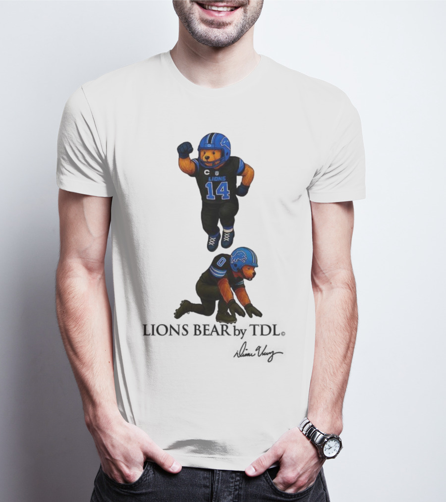 Amon-Ra St. Brown 14 Jahmyr Gibbs 0 Detroit Lions Bear Celebrating Football T-Shirt