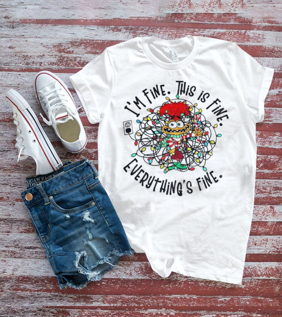 I'm Fine This Is Fine Everything's Fine Anxiety Inside Out 2 Holiday Lights Candy Cane T-Shirt