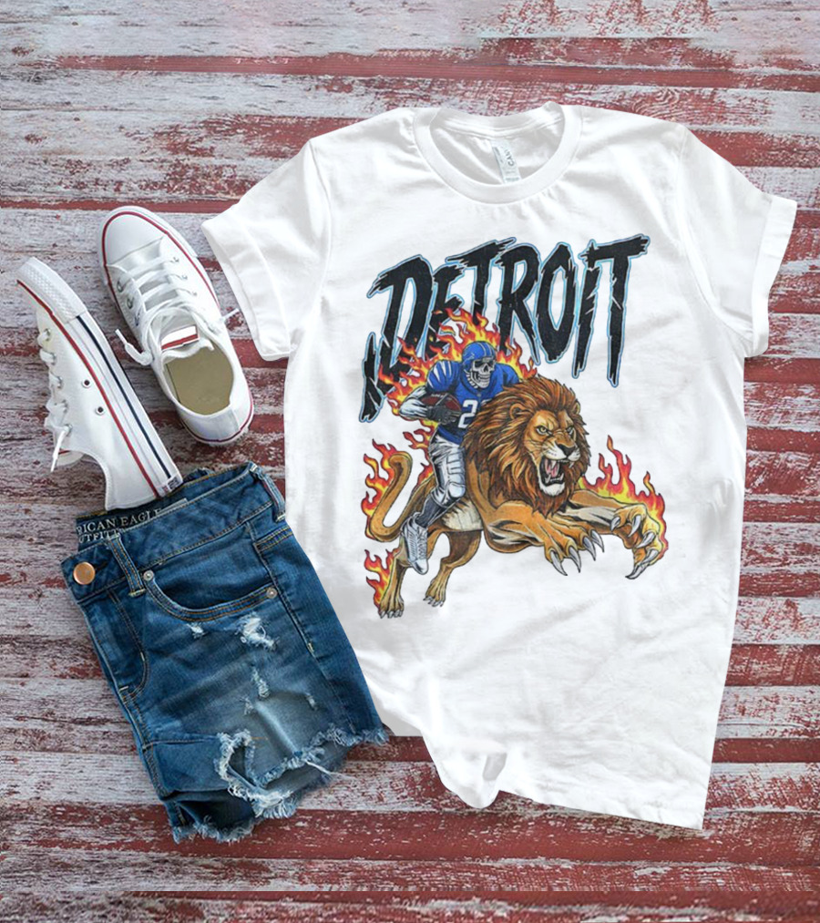 Detroit Lions Vintage Skeleton Riding Flaming Lion Football Game Day T-Shirt