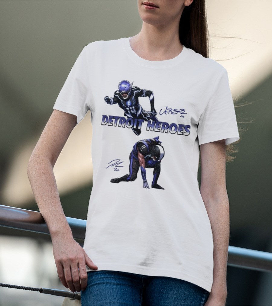 Jahmyr Gibbs Amon Ra St Brown Detroit Heroes 2025 Signature T-Shirt