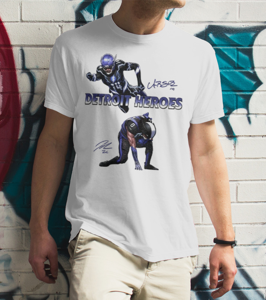 Jahmyr Gibbs Amon Ra St Brown Detroit Heroes 2025 Signature T-Shirt
