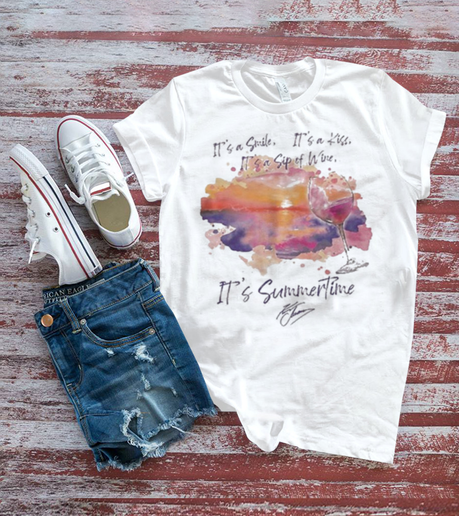 Kenny Chesney It's A Smile It's A Lie It's A Sip Of Wine It's Summertime Flowy Sunset Wine Glass T-Shirt
