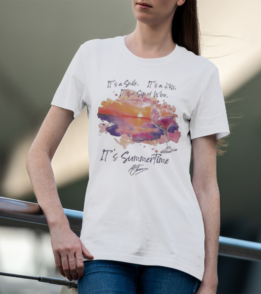 Kenny Chesney It's A Smile It's A Lie It's A Sip Of Wine It's Summertime Flowy Sunset Wine Glass T-Shirt
