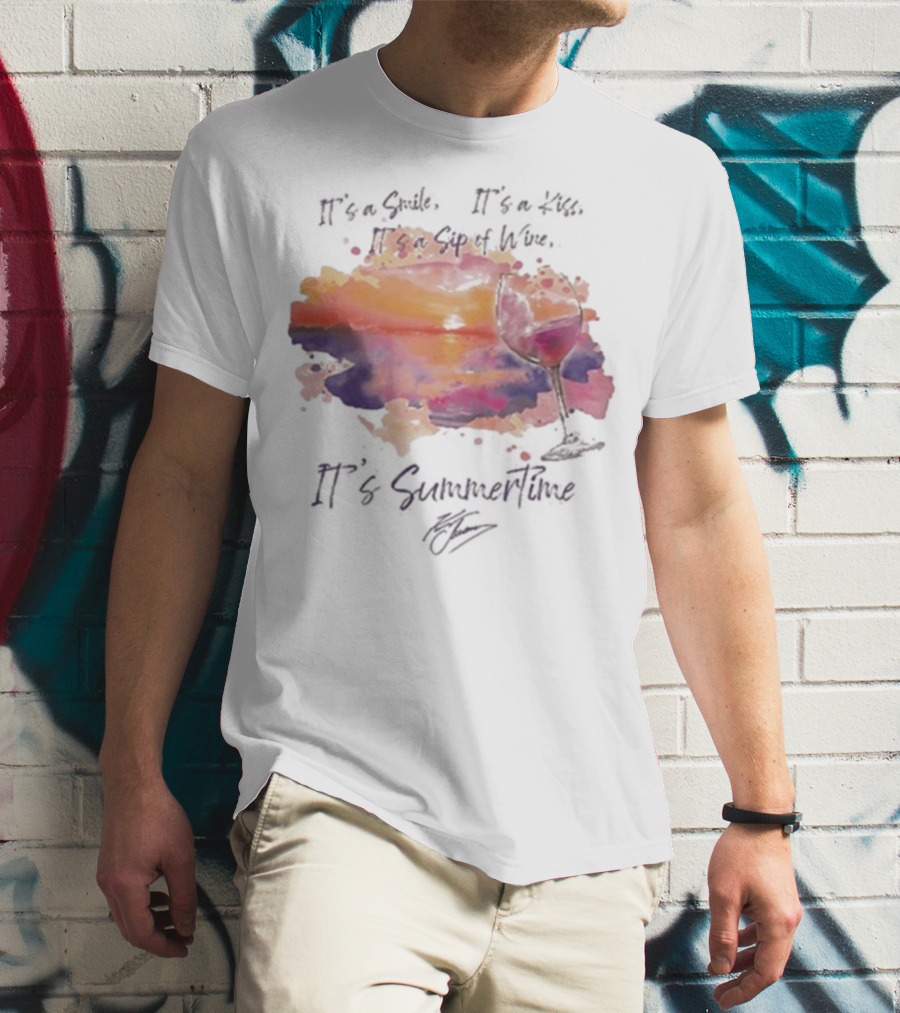 Kenny Chesney It's A Smile It's A Lie It's A Sip Of Wine It's Summertime Flowy Sunset Wine Glass T-Shirt