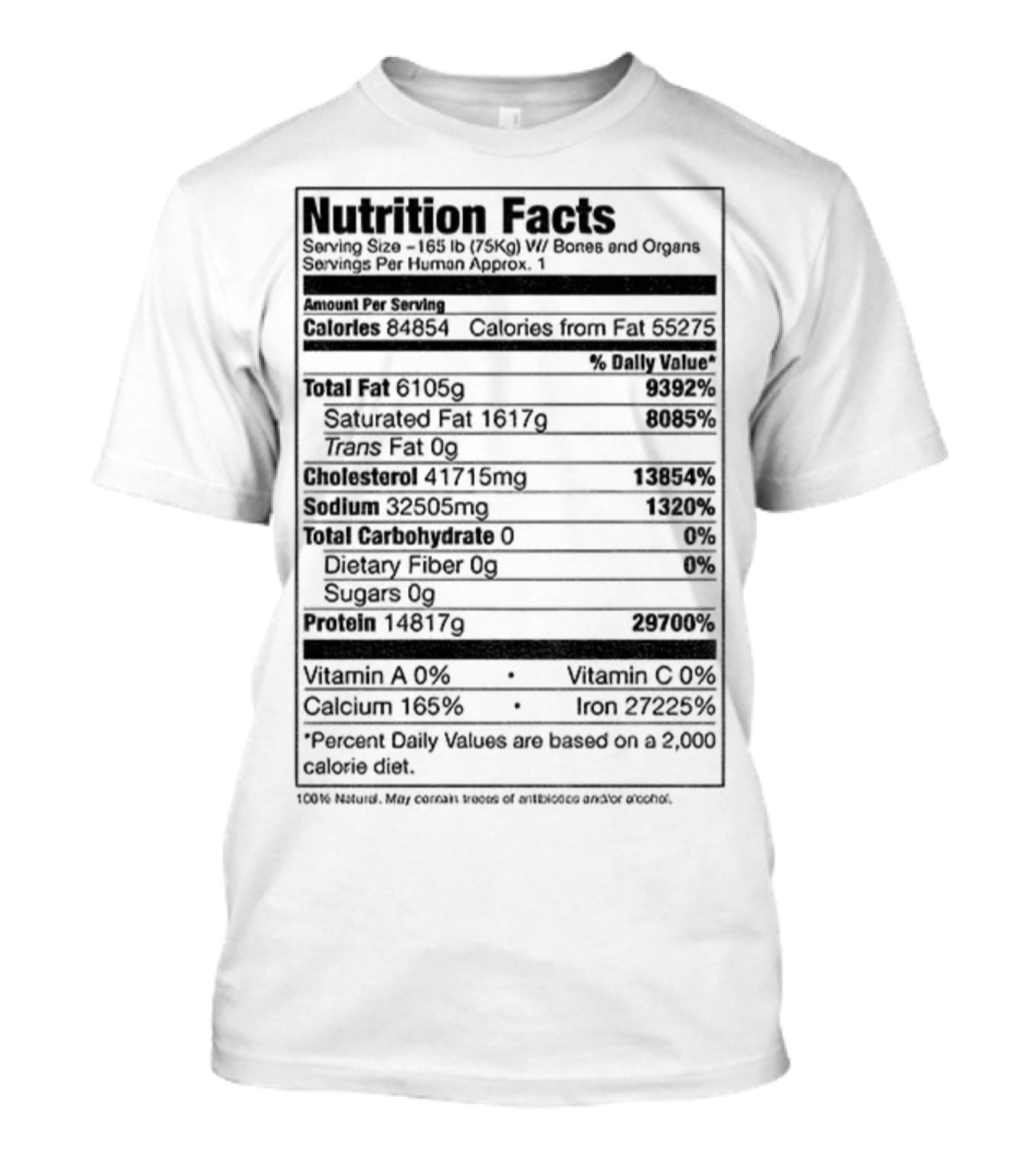 Nutrition Facts Serving Size 168 Lbs W Bones And Organs Calories Daily Value Percent پیbased On 2000 Calorie Diet T-Shirt