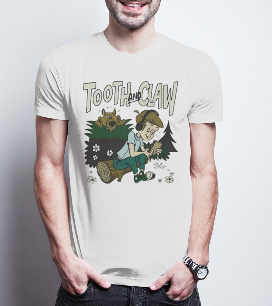 Tooth And Claw Podcast Don’t Look Behind You Headphones Listening Cartoon Dog Forest Scene T-Shirt