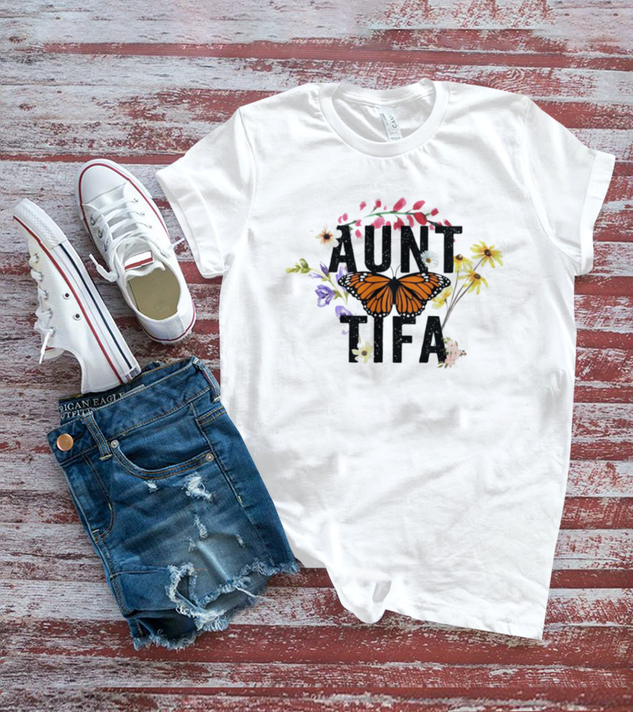 Aunt Tifa Monarch Butterfly Floral Aunties Against Fascists T-Shirt
