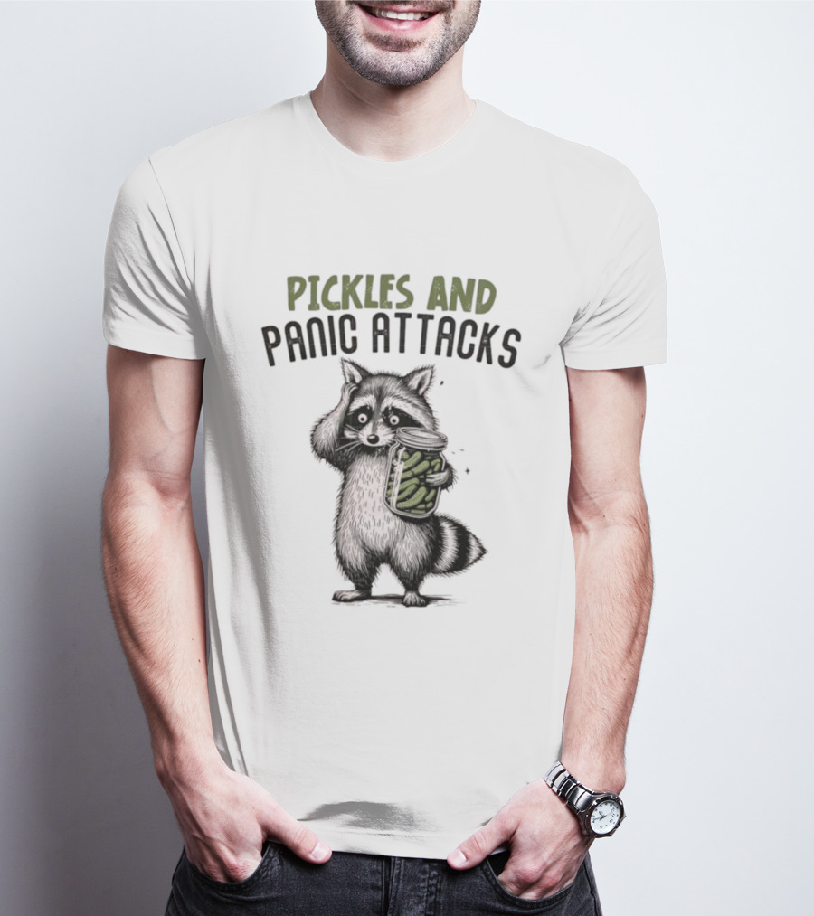 Pickles And Panic Attacks Raccoon Holding Jar Retro Mental Health Awareness T-Shirt