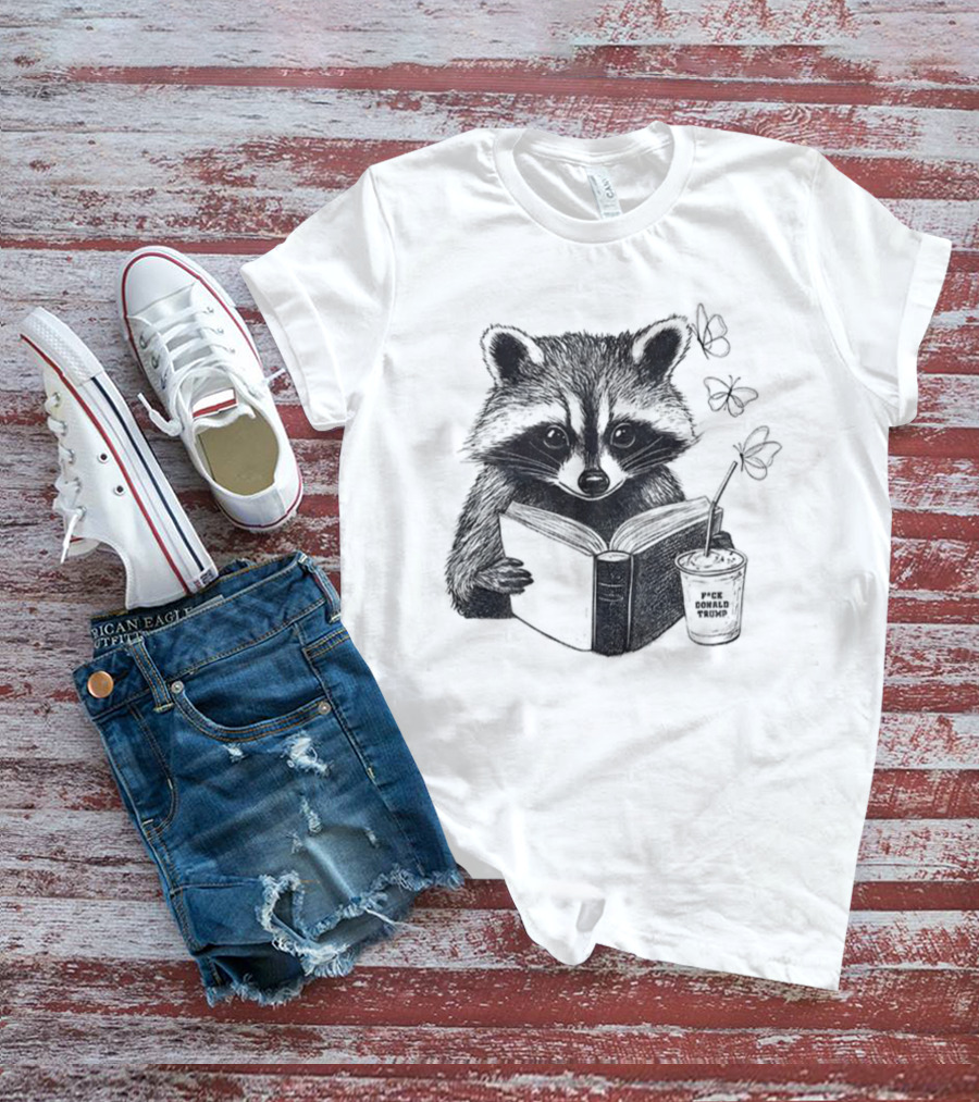 Raccoon Reading Book Coffee Cup Cozy Subtle Anti-Trump T-Shirt