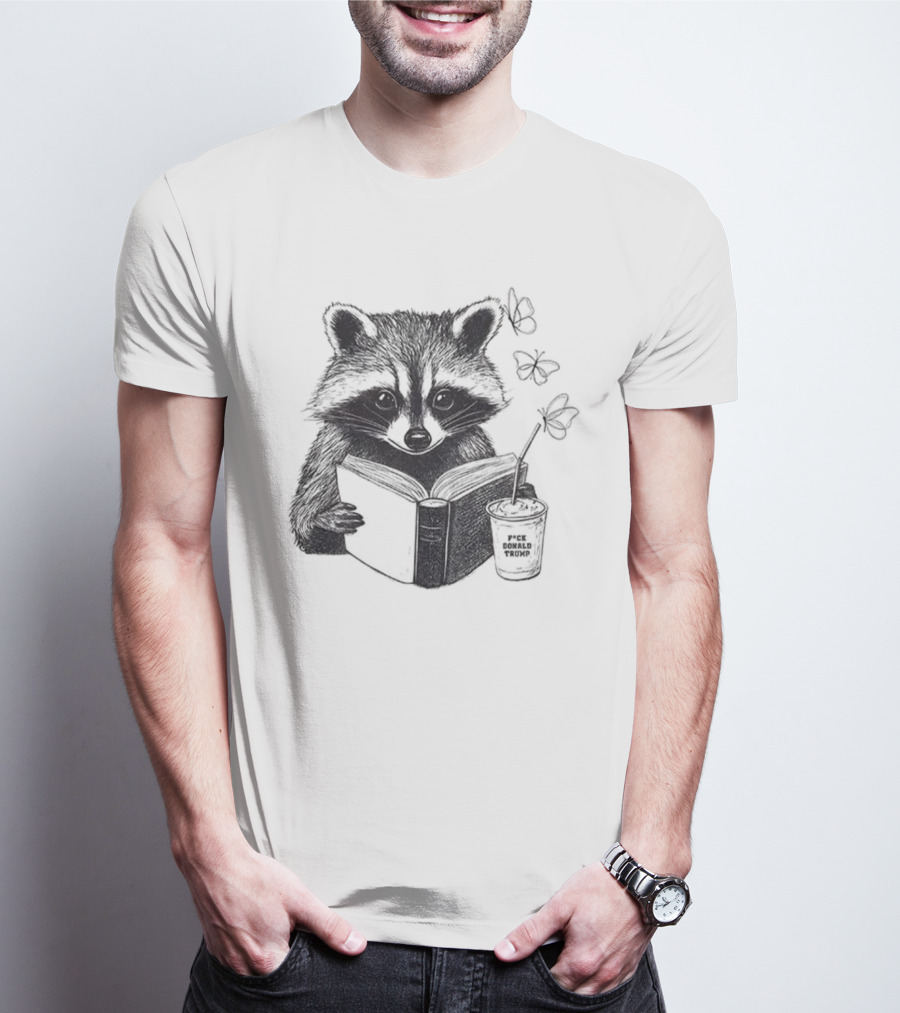 Raccoon Reading Book Coffee Cup Cozy Subtle Anti-Trump T-Shirt