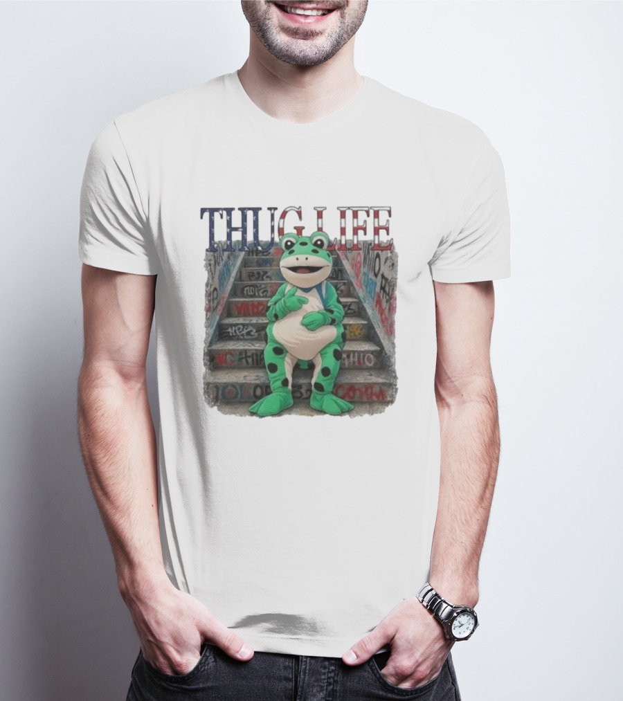 Thug Life Frog Costume Graffiti Stairs Protest Imagery T-Shirt