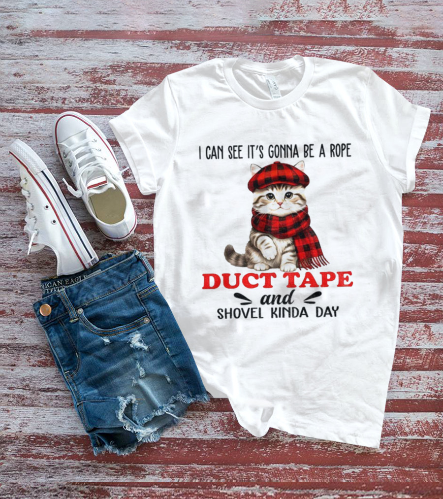 Cat In Red Plaid Hat Duct Tape Christmas T-Shirt
