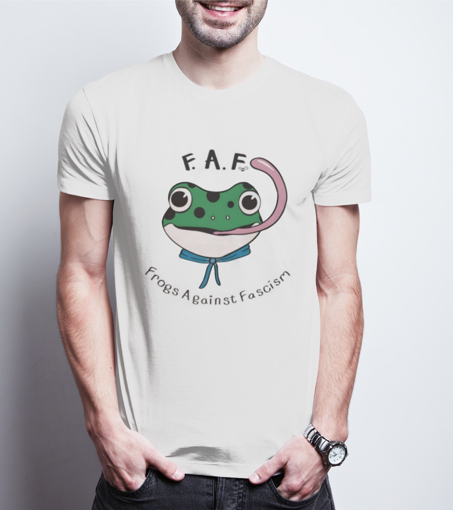 F.A.F Frogs Against Fascism Playful Green Frog With Tongue And Blue Scarf T-Shirt