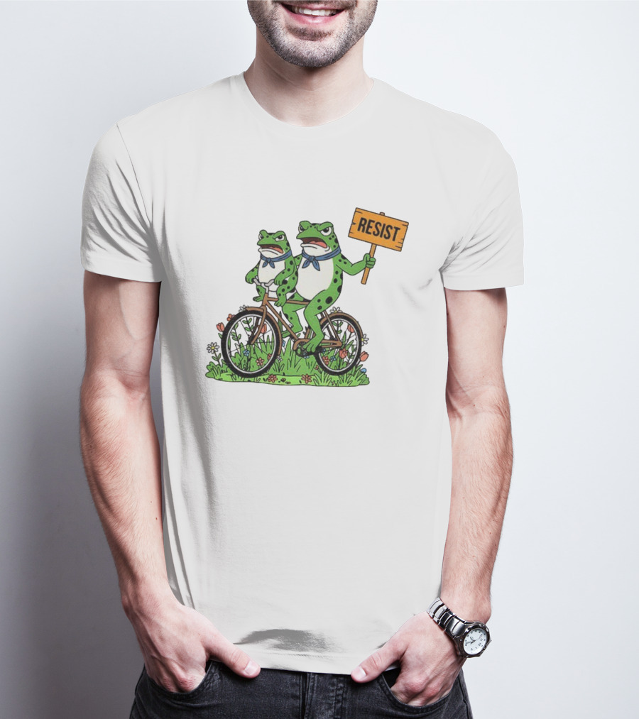 Frog On Bike Resist Protest Sign Portland Garden Scene T-Shirt