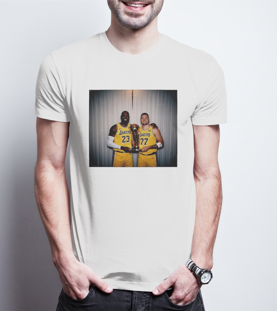 Los Angeles Lakers LeBron James Luka Dončić Holding Trophy June 2026 T-Shirt