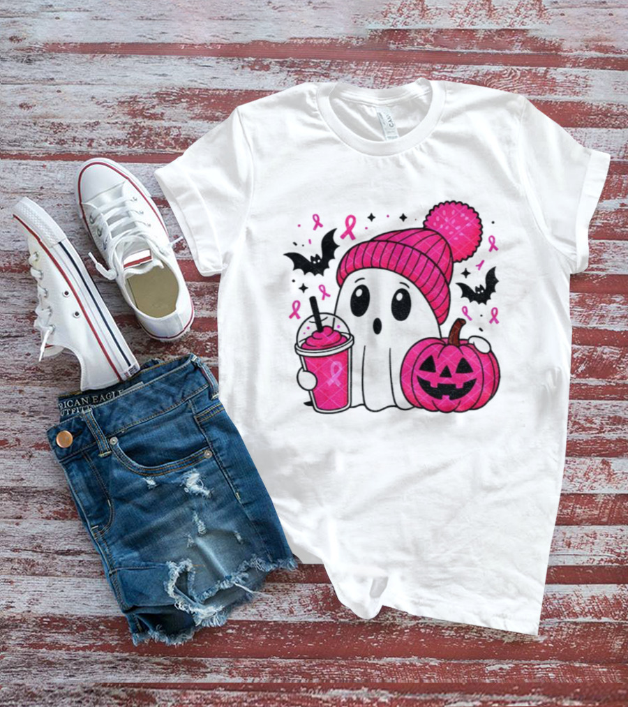 Spooky Ghost Pink Pumpkin Breast Cancer Awareness With Ribbon In October We Wear Pink T-Shirt
