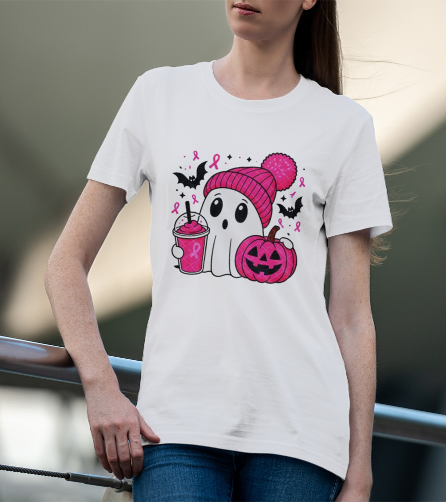 Spooky Ghost Pink Pumpkin Breast Cancer Awareness With Ribbon In October We Wear Pink T-Shirt