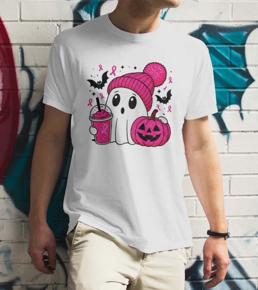 Spooky Ghost Pink Pumpkin Breast Cancer Awareness With Ribbon In October We Wear Pink T-Shirt