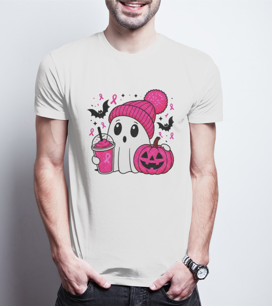 Spooky Ghost Pink Pumpkin Breast Cancer Awareness With Ribbon In October We Wear Pink T-Shirt