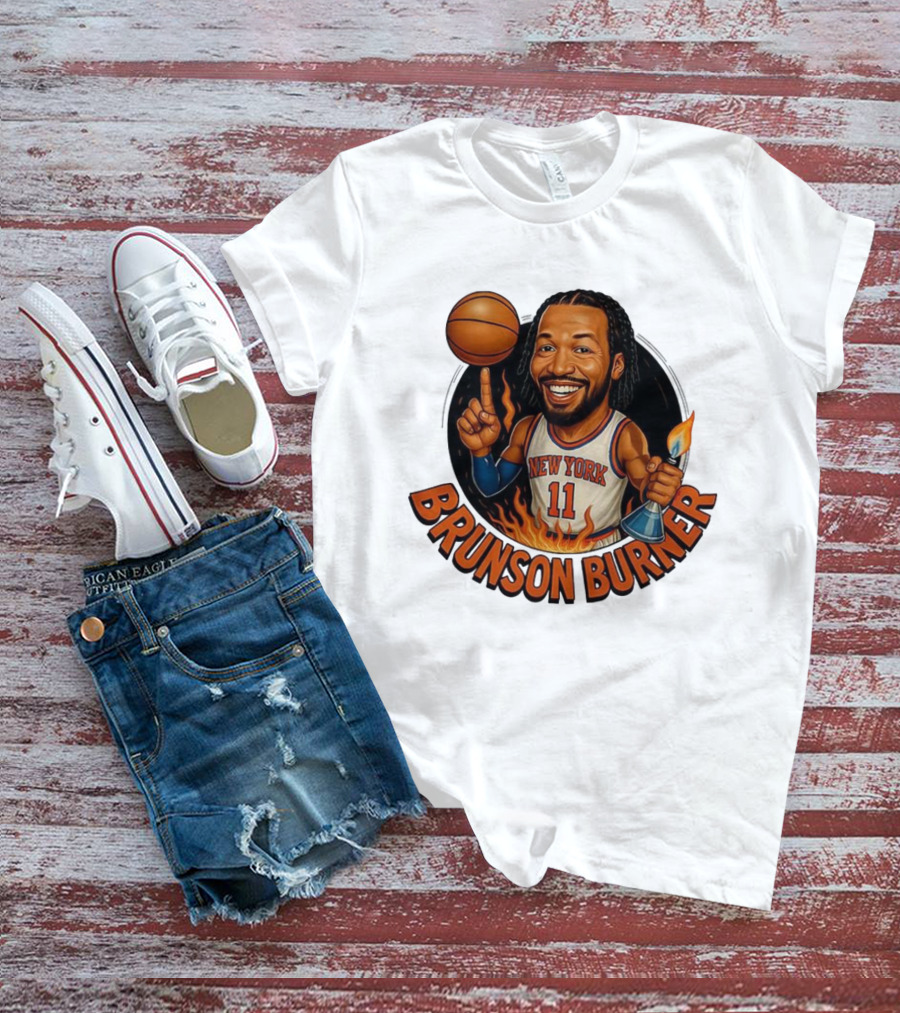 New York Knicks Brunson Burner Cartoon With Basketball And Flames T-Shirt