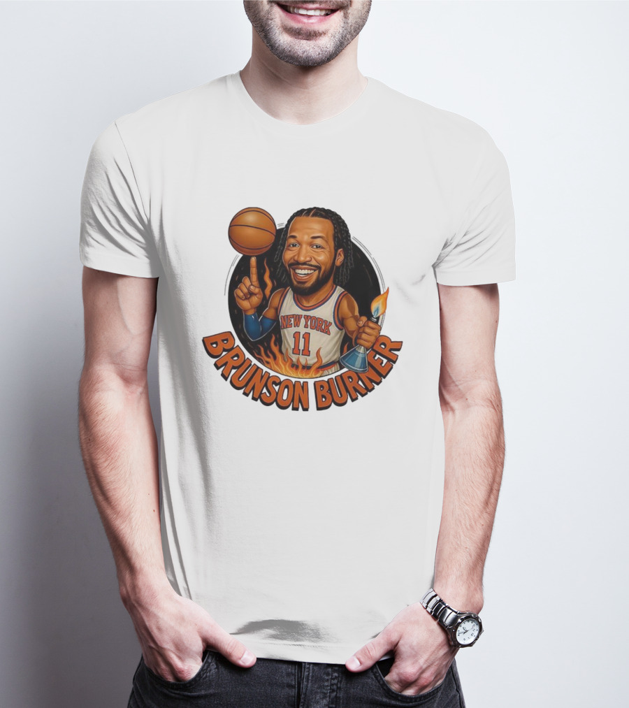 New York Knicks Brunson Burner Cartoon With Basketball And Flames T-Shirt