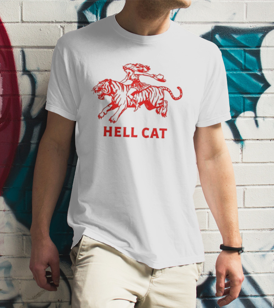 Hell Cat Vintage Cowgirl Riding Tiger Design T-Shirt