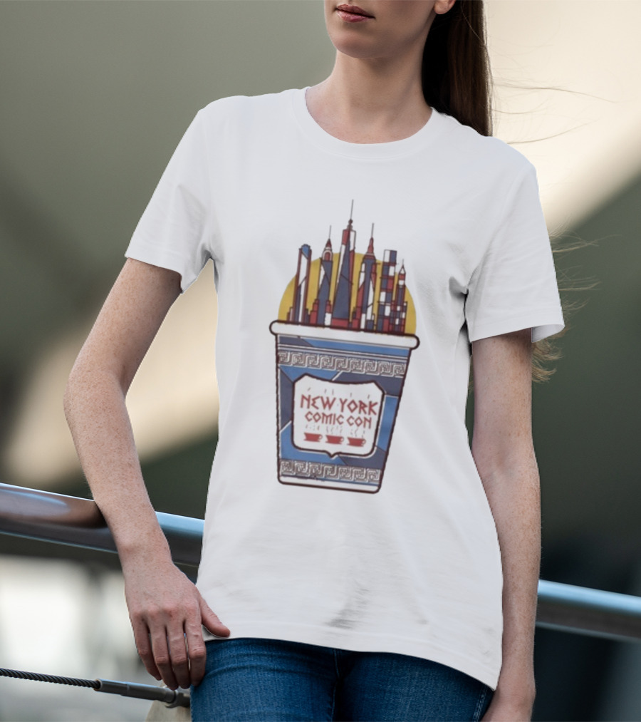 New York Comic Con 2025 Coffee Cup Skyline Tower Design T-Shirt