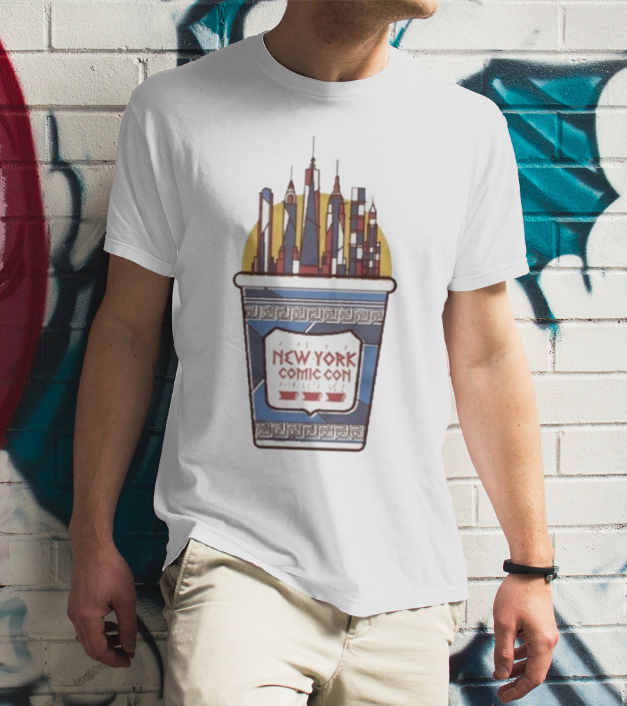 New York Comic Con 2025 Coffee Cup Skyline Tower Design T-Shirt